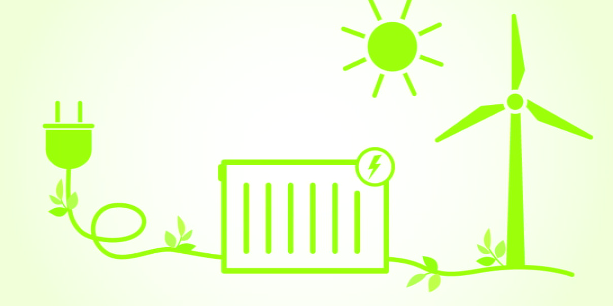 Green drawing of electric radiator with a wind turbine and a sun in the background.