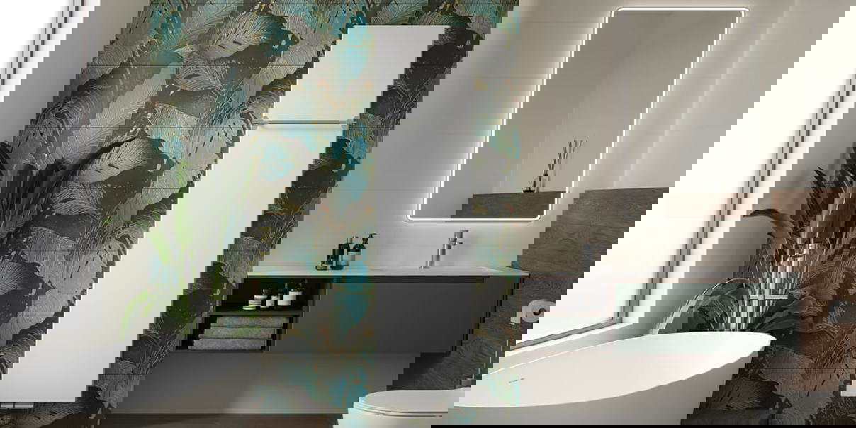 White vertical radiator in a modern bathroom