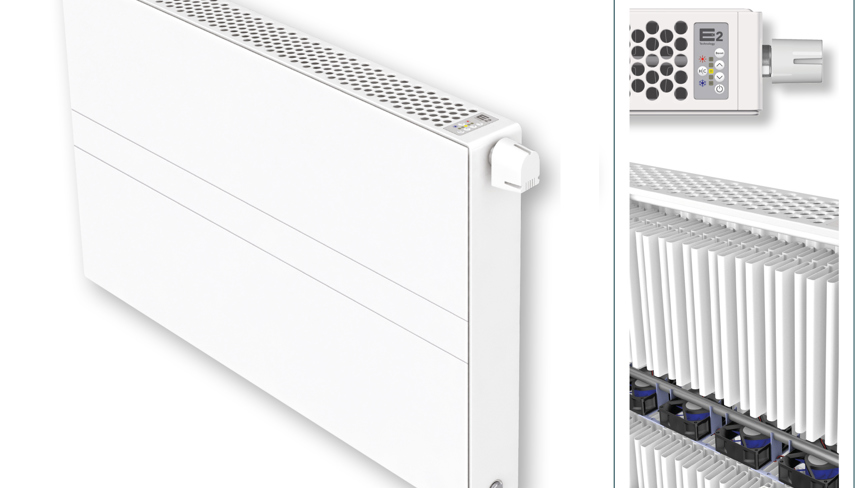 ULOW-E2 low-temperature radiator with integrated fan technology and control panel detail.