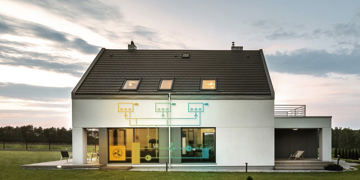 House with a visualisation of the indoor climate solution drawn on the house.